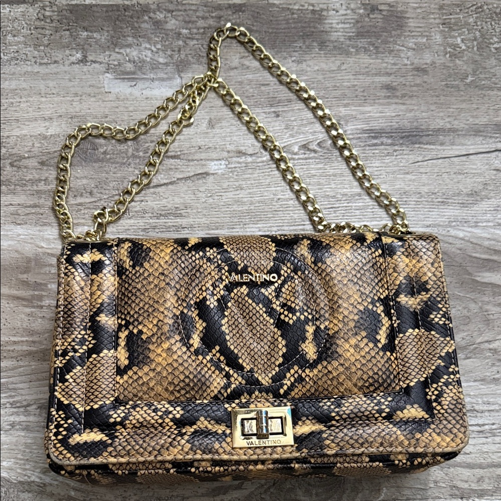 Mario Valentino Brown Snake Print Chain Bag